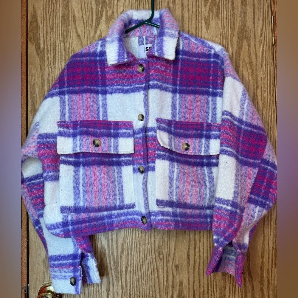 SO Cropped Purple/Pink Plaid checked Shacket/Jaccket Women’s Size small